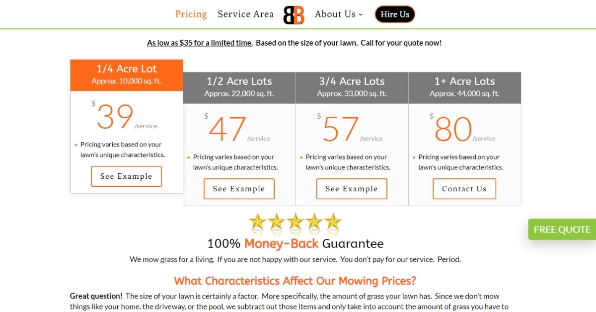 lawn care pricing chart